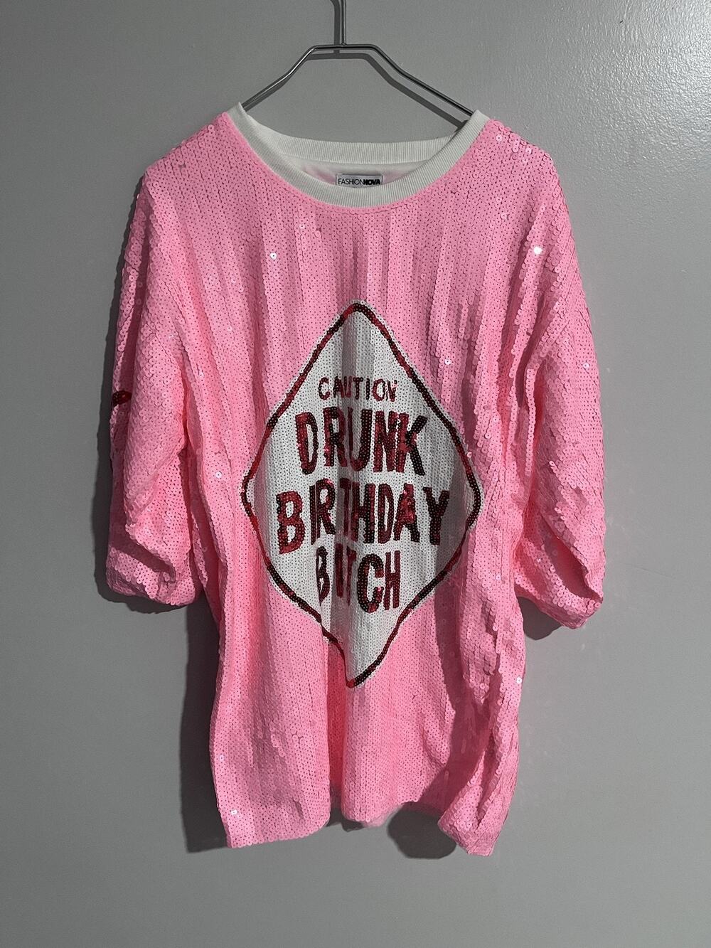 Fashion Nova T-Shirt Womens One Size Pink Sequin Tunic Drunk Birthday